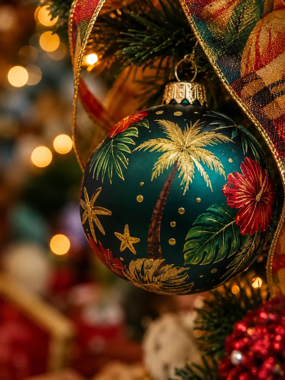 Boule de Noël tropicale, motif palmier doré